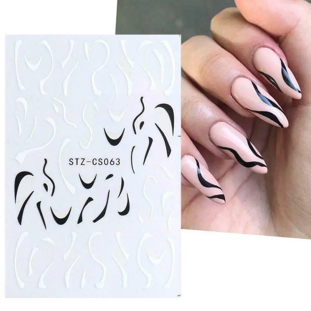 

1 упаковка наклеек для ногтей в стиле Ins, черная, белая волнистая линия, самоклеящиеся, легко использовать, маникюрный декор, искусственные а...