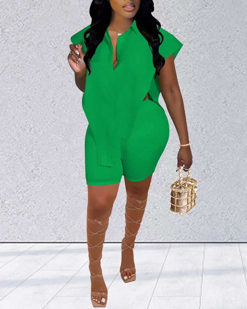 

2022 Long Tunics Tops Solid Skinny Womens Shorts Two Piece Summer Suit Women Button Down Asymmetrical Slit Shirt and Shorts Set