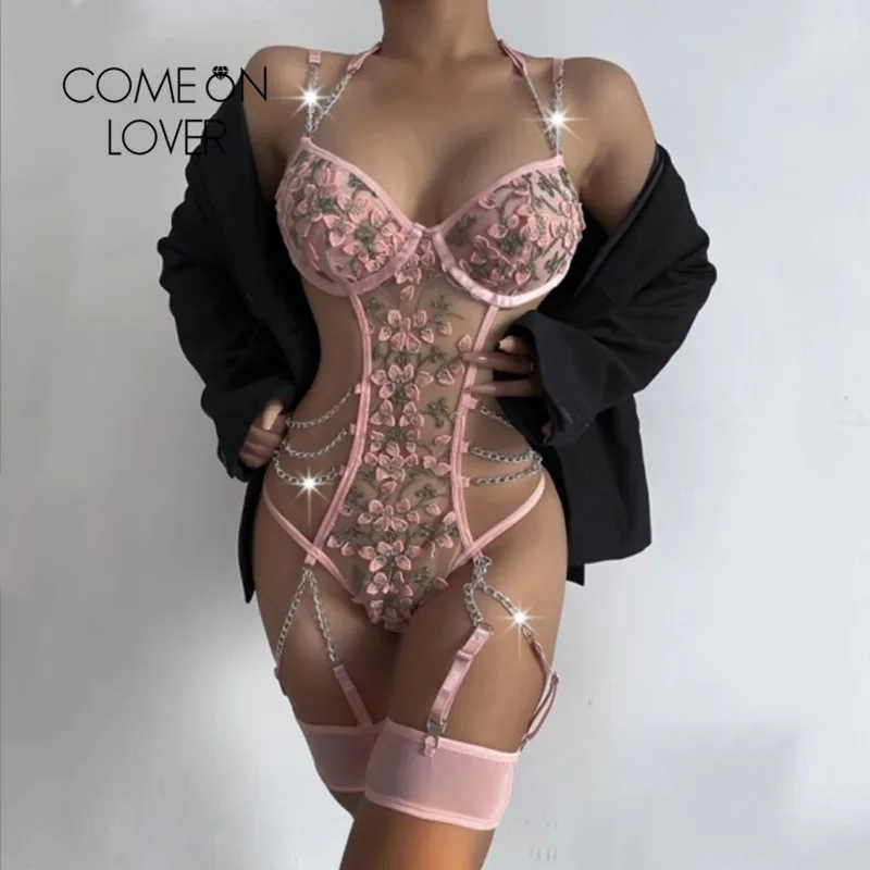 

Комбинезон Comeonlover женский прозрачный, пикантный Розовый боди с открытой спиной, с лямкой на шее, в стиле оверсайз, с изображением Тедди, с цве...