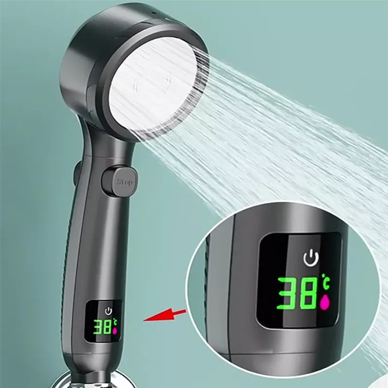 

Head High Pressure Handheld Bathroom Water Saving Showerhead Pressurized Adjustable Spray LED Digital Temperature Display