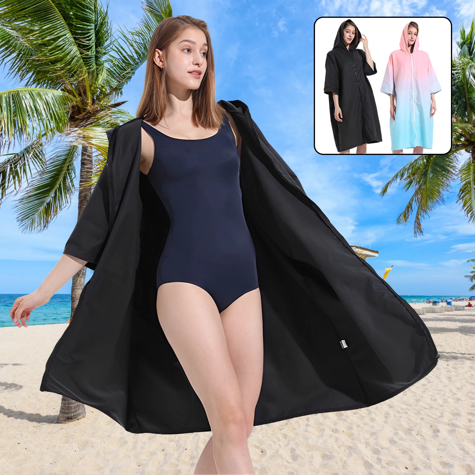 

NEW Changing Robe with Hood Microfiber Towel Poncho Robe with Zipper Short Sleeve Surf Poncho Oversized Changing Towel Robe