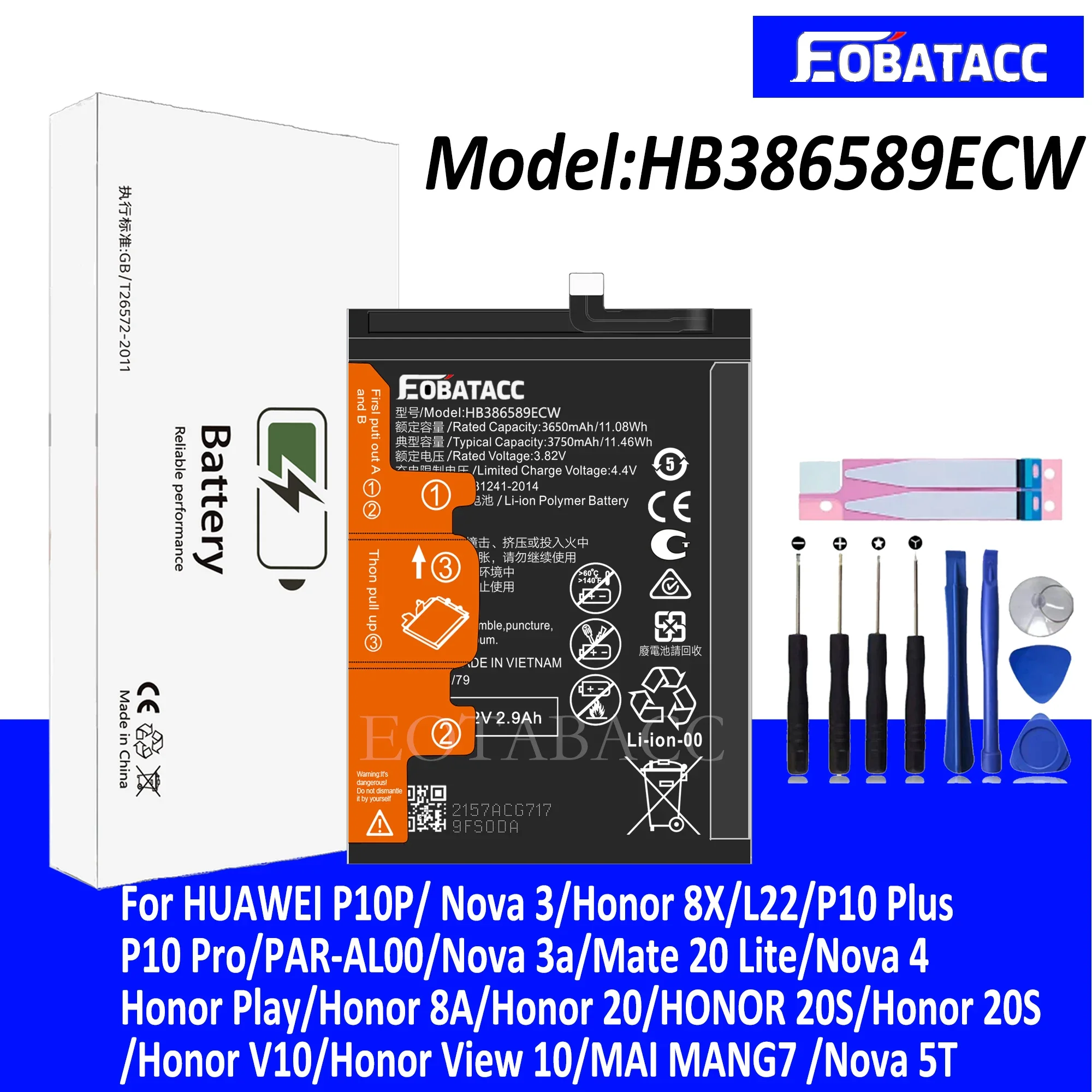 EOTABACC 100% Новый оригинальный аккумулятор HB386589ECW для HUAWEI Nova 3a/Mate 20 Lite/Nova 4/Honor Play /Honor 8A +