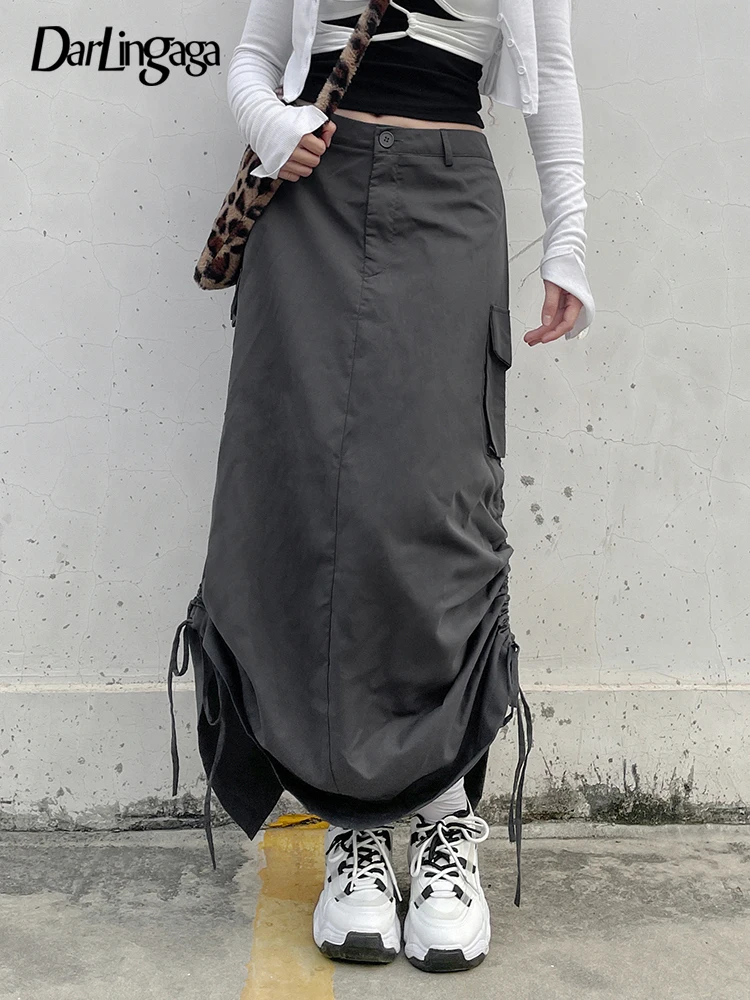

Darlingaga Y2K Vintage Low Waist Cargo Women's Skirts Drawstring Harajuku Solid Shirring Aesthetic Long Skirt Split Fairycore