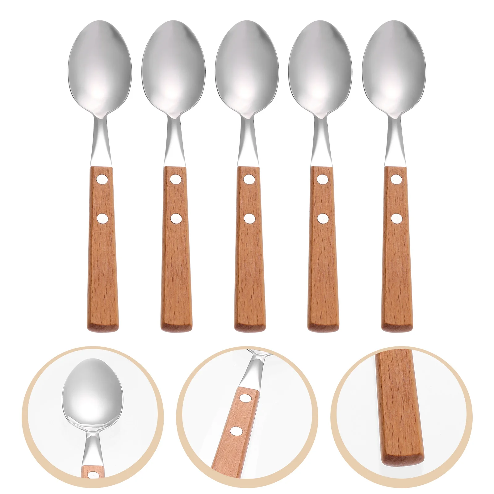 

5 Pcs 304 Stainless Steel Spoon Wood Coffee Stir Sticks Spoons Scoops Handles Western Food Tableware Kitchen Dessert Toddler