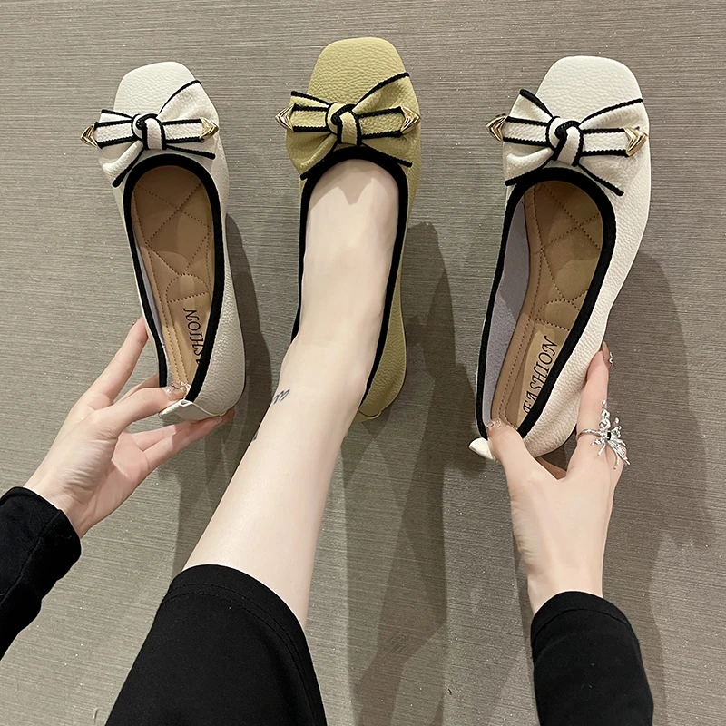 

Plus Size 43 Women's Flats Comfortable Boat Shoes Square Toe Slip on Single Shoes Bow Girls Shoes OL Office Lady Shoes Zapatos