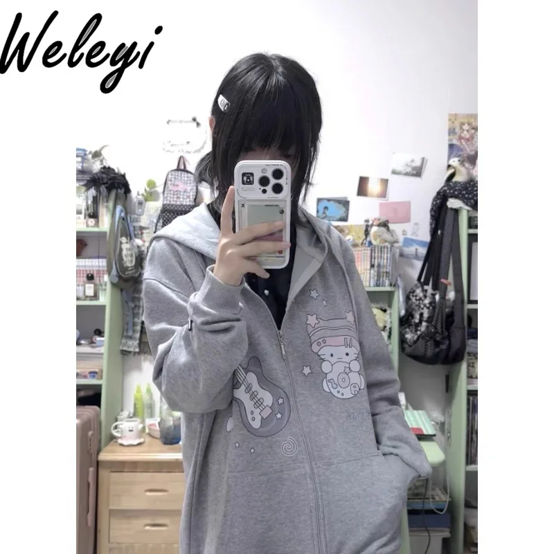 Серый кардиган с принтом Счастливый котенок в студенческом стиле женская