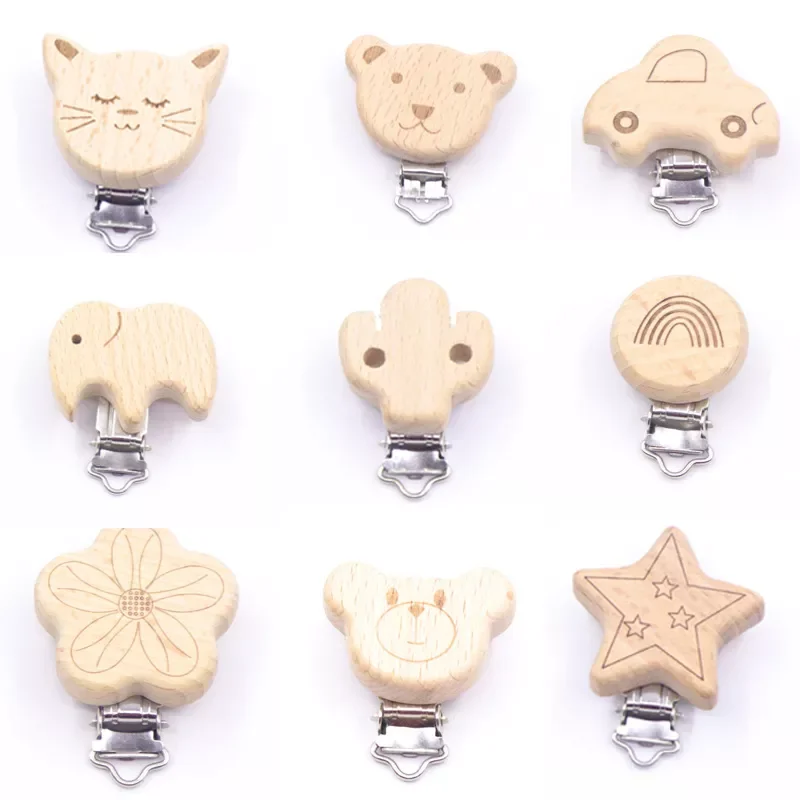 Kwd 9 Cute Style Wood Cartoon Animal Sucker Natural Chain Beech Beech Box Clip Diy Dummy Clip Accessories