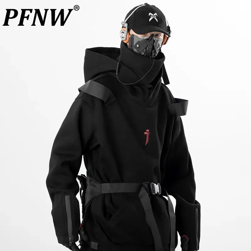 

Новинка, модный Повседневный свитер PFNW для тяжелой промышленности с высоким воротником и лентой, Мужская одежда, Свободный пуловер с капюшоном 12Z4102