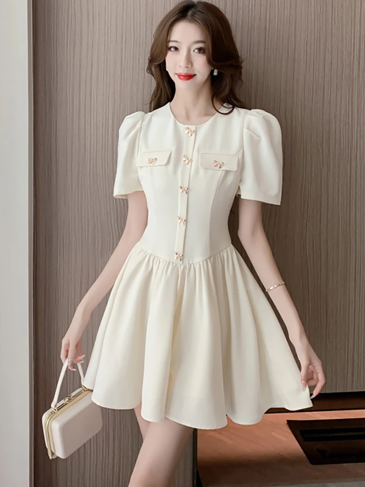 

Женское мини-платье с коротким рукавом и бантом Y2k, Летнее белое элегантное облегающее платье для выпускного вечера, корейское однотонное повседневное домашнее платье, 2023