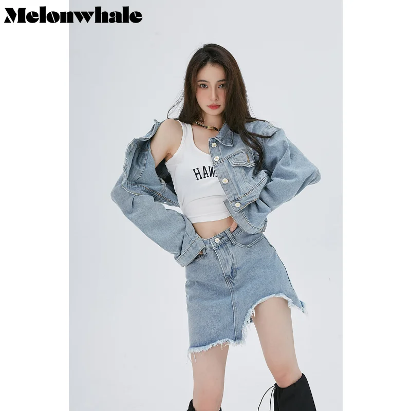 

MelonWhale Blue Denim Asymmetrical Half-body Skirt Sexy Mini Jacket Korean Style New Long Sleeve Loose Women Spring Summer 2023