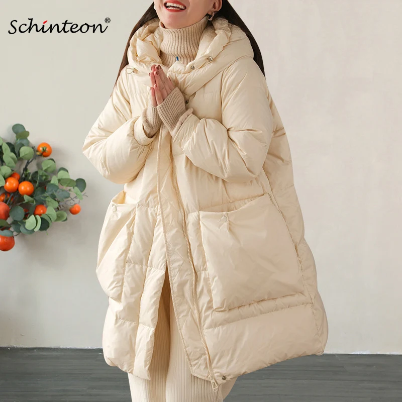 

Schinteon Women 90% White Duck Down Long Jacket with Hood Autumn Winter Down Coat Loose Over Size Outwear 2022 New