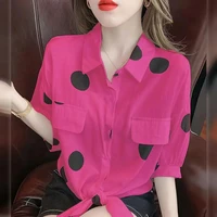fashion bandage printed polka dot lapel spliced pockets button loose puff sleeve shirt summer commute tops casual womens blouse