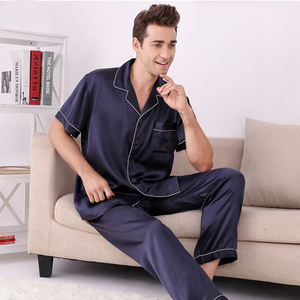 100% Mulberry Silk Men Pajamas Set for Men Sleepwear Loungewear Short Sleeve Sleepwear Nightgown