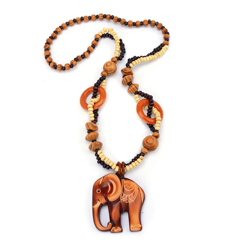 2022 Boho Jewelry Ethnic Style Long Hand Made Bead Wood Elephant Pendant Necklace for Women Price Decent women's neck |