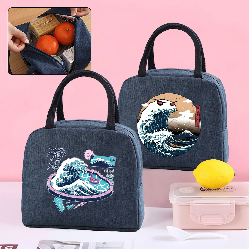 

Lunch Bags Cooler Bag Women Camping Portable Thermal Lunch Box Wave Print Canvas Packet Handbag Kids Food Insulated Organizer