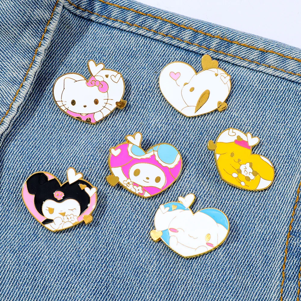 Фото Милый мультяшный мягкий металлический значок Sanrio с сердечком: Куроми, Май Мелоди, Синаморолл. Модная брошь из сплава в стиле Y2K. №3