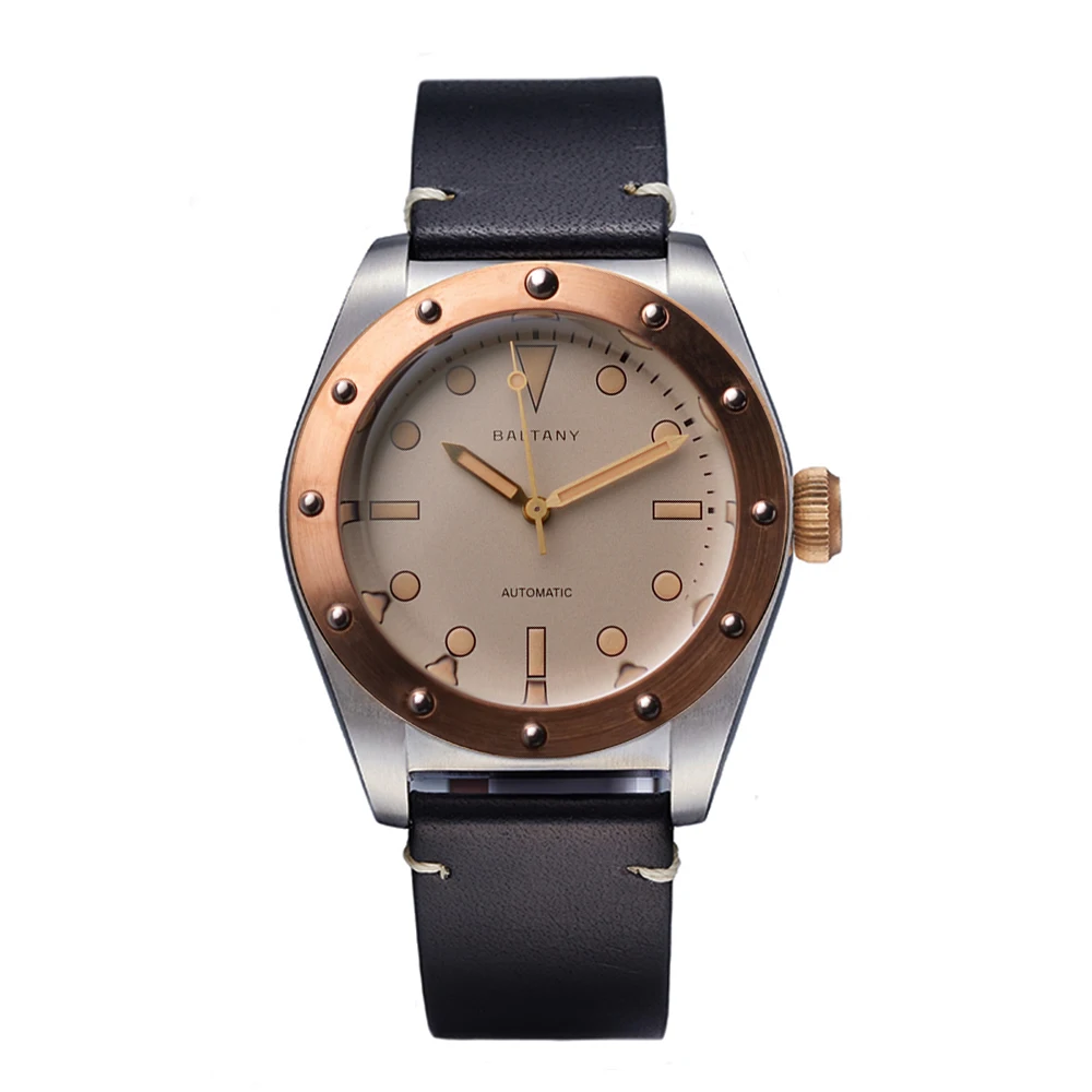 

Baltany Bronze Retro Automatic Mens Watches Sapphire Glass Super Luminous Stainless Steel White Dail Wach Luxary Wristwatches