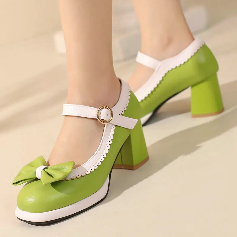 

Lolita JK Lovely Sweet Girls Spring Shoes Bright Green Yellow Square Chunky Heels Small Size 33 Women Platform Mary Janes Pumps