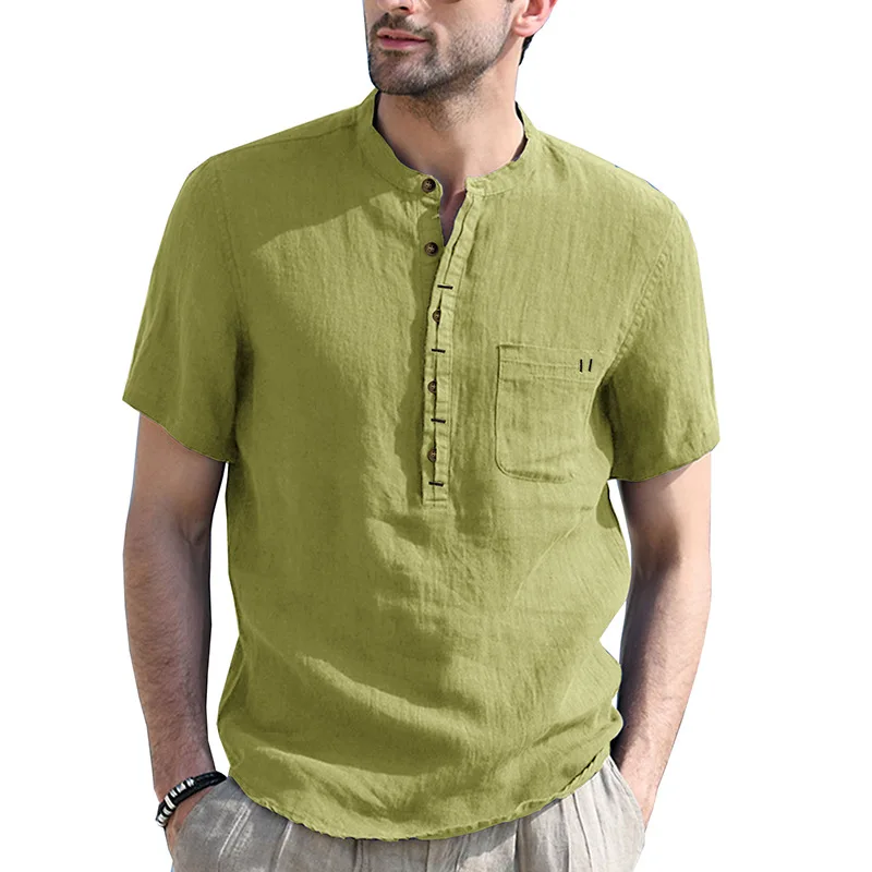 EUOW 2022 Fashion Stand Collar Shirt US Size Men Linen Half Cardigan Solid Color Casual Breathable Loose Short Sleeve Tops