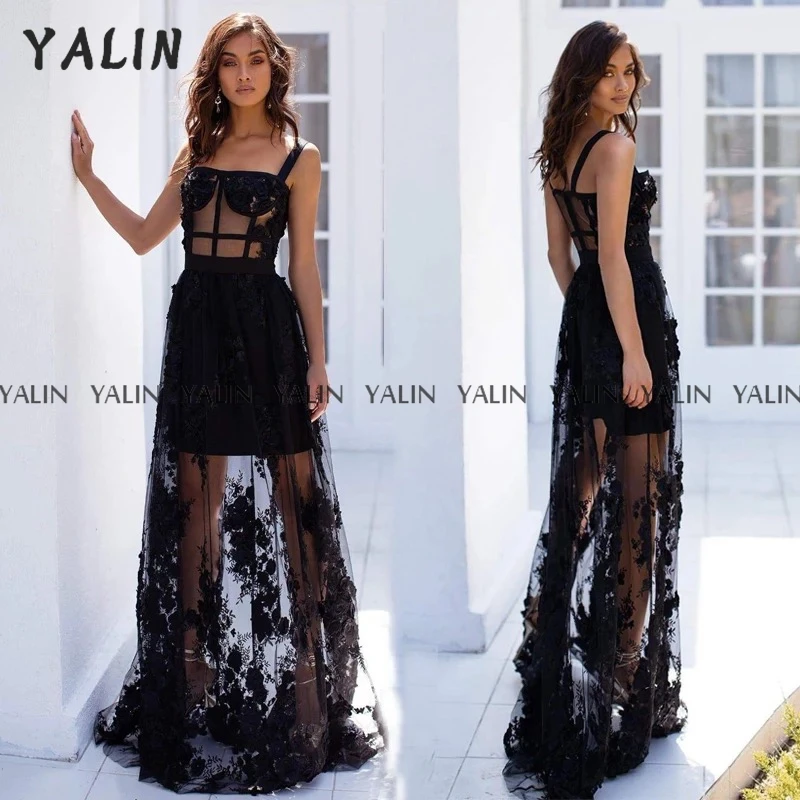 

YALIN Black Evening Grown A-Line Lace Tulle Sweep Train Design Elegant Sleeveless Prom Dress Custom Made Spaghetti pearl dress