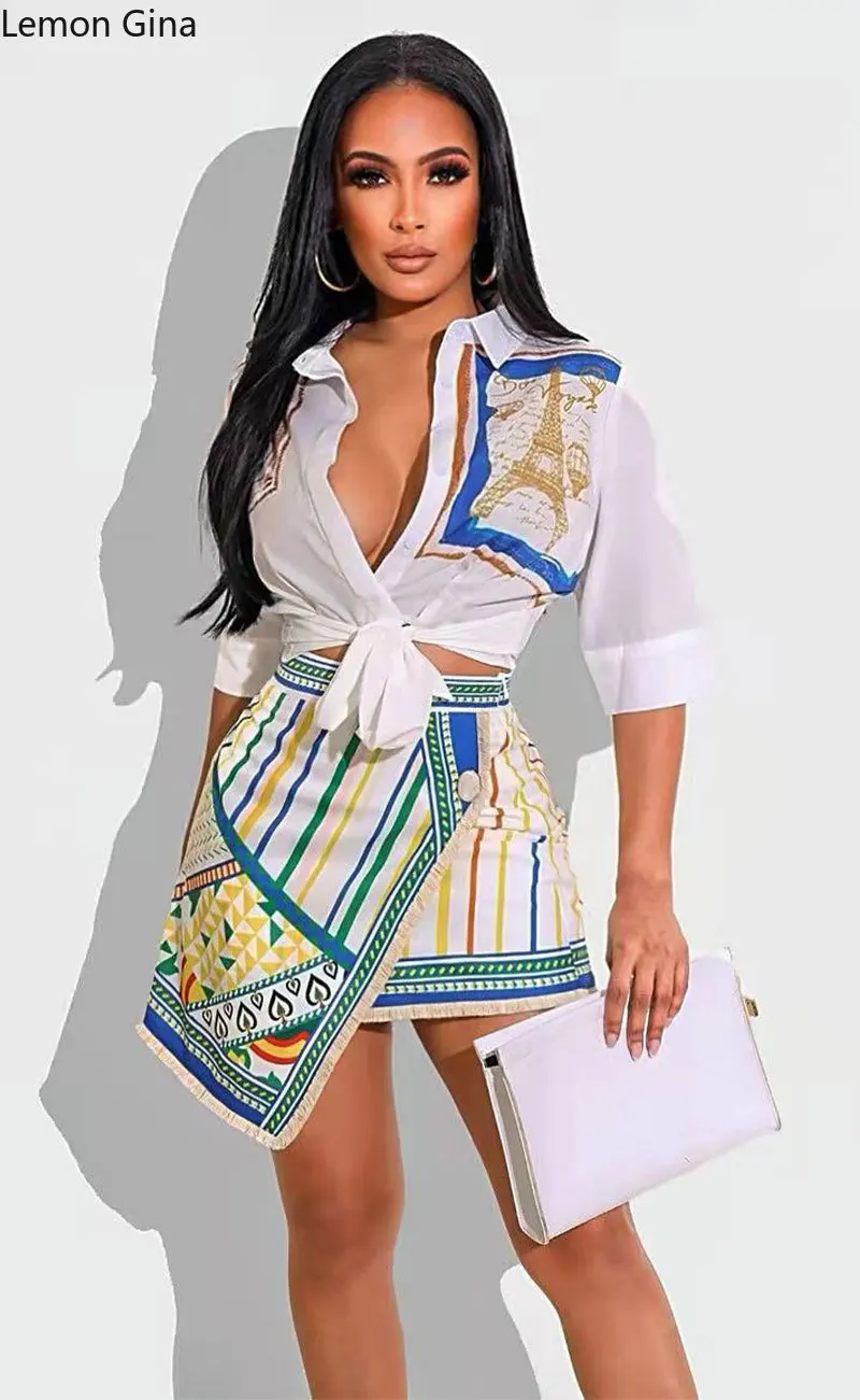 Элегантный женский комплект Lemon Gina рубашка с принтом и завязкой на Подоле