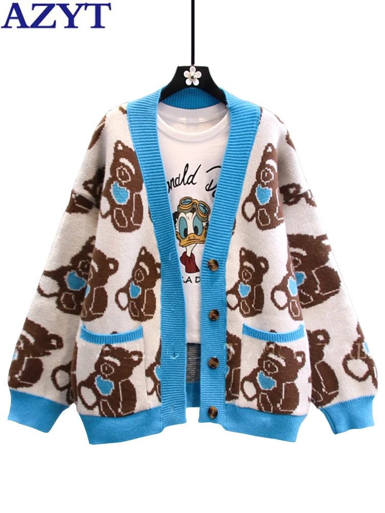 

AZYT Autumn Winter New Women Sweater Cardigan Cartoon Bear Print V Neck Sweater Jacket Female 2022 Loose Knit Oversized Cardigan