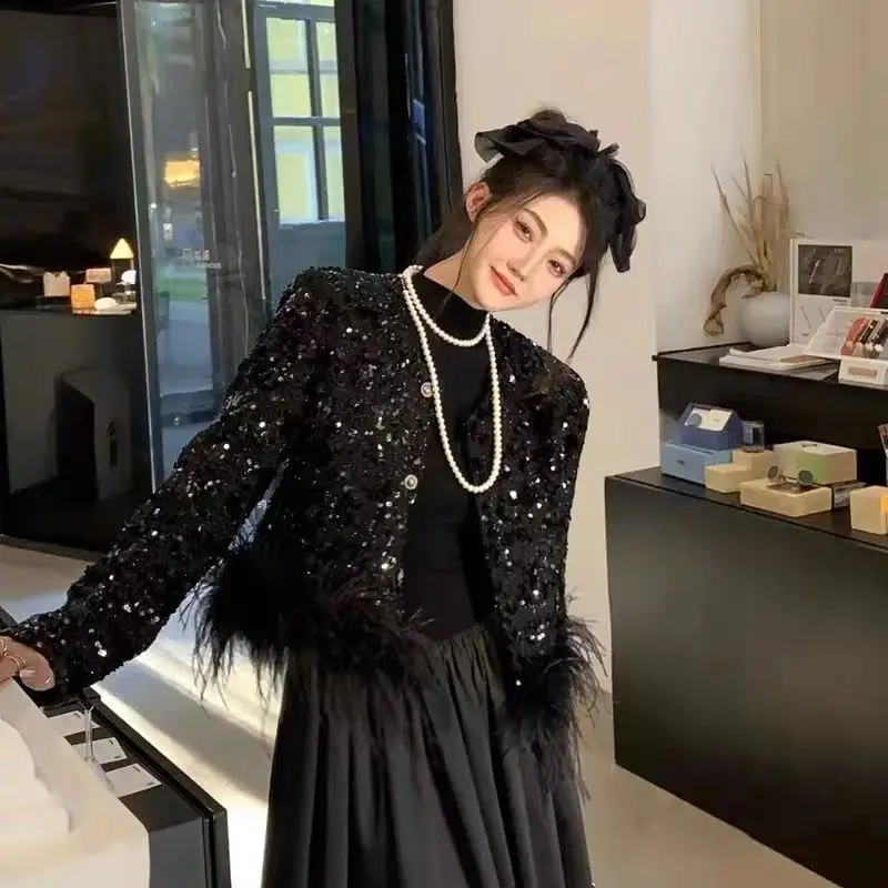 Женское осенне-зимнее черное маленькое ароматное грубое твидовое элегантное