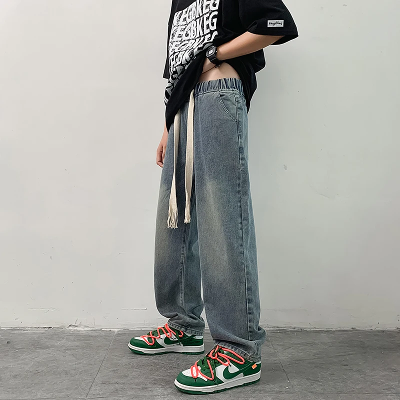 

Длинные брюки высокого качества, тканые прямые джинсы на шнуровке для мужчин и женщин, мужские свободные широкие трендовые американские прямые джинсовые брюки