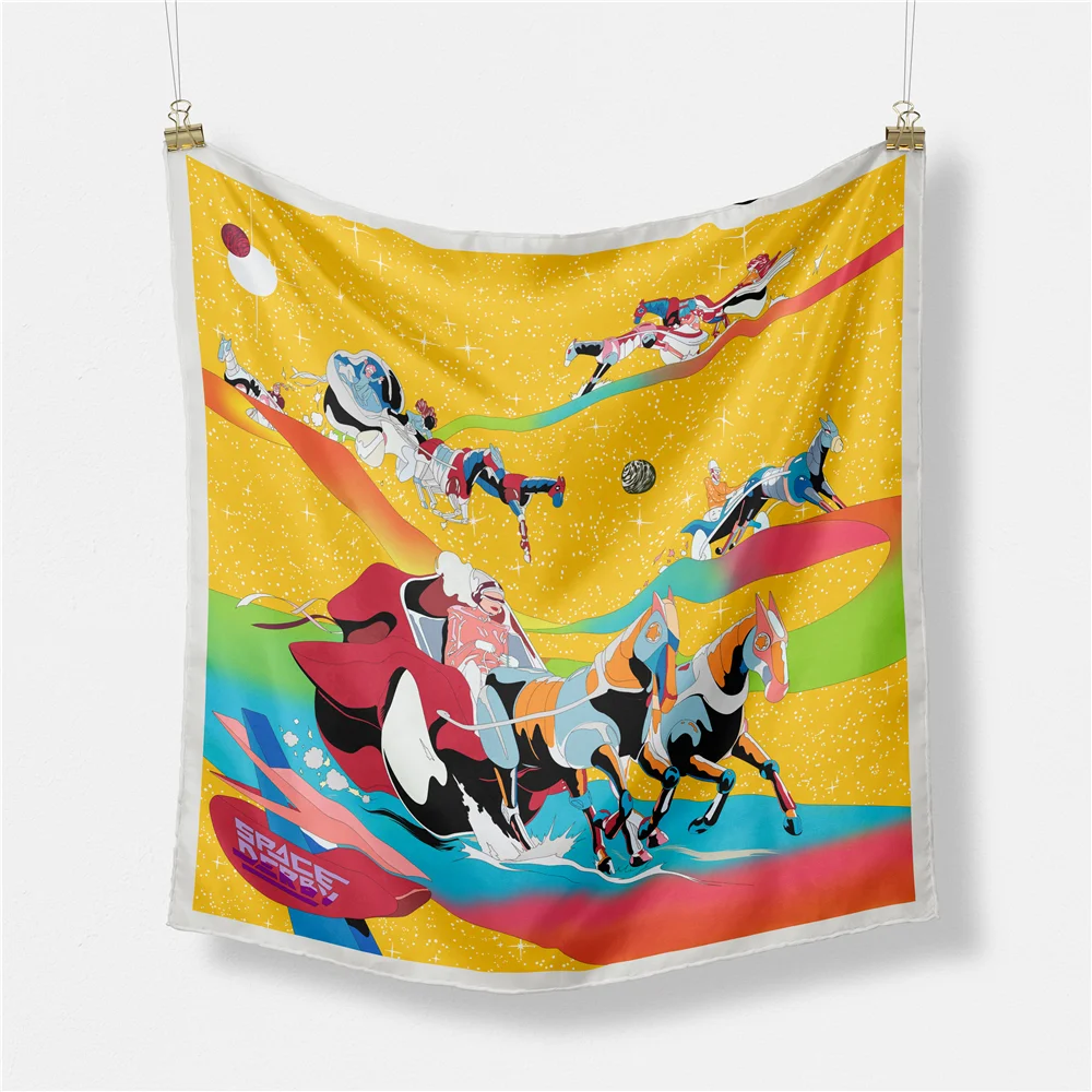 

53cm Space Derby Brand Square Scarf Women 2021 Design Horse Luxury Silk Scarf Bandana Headband Fashion Hijab Neckerchief
