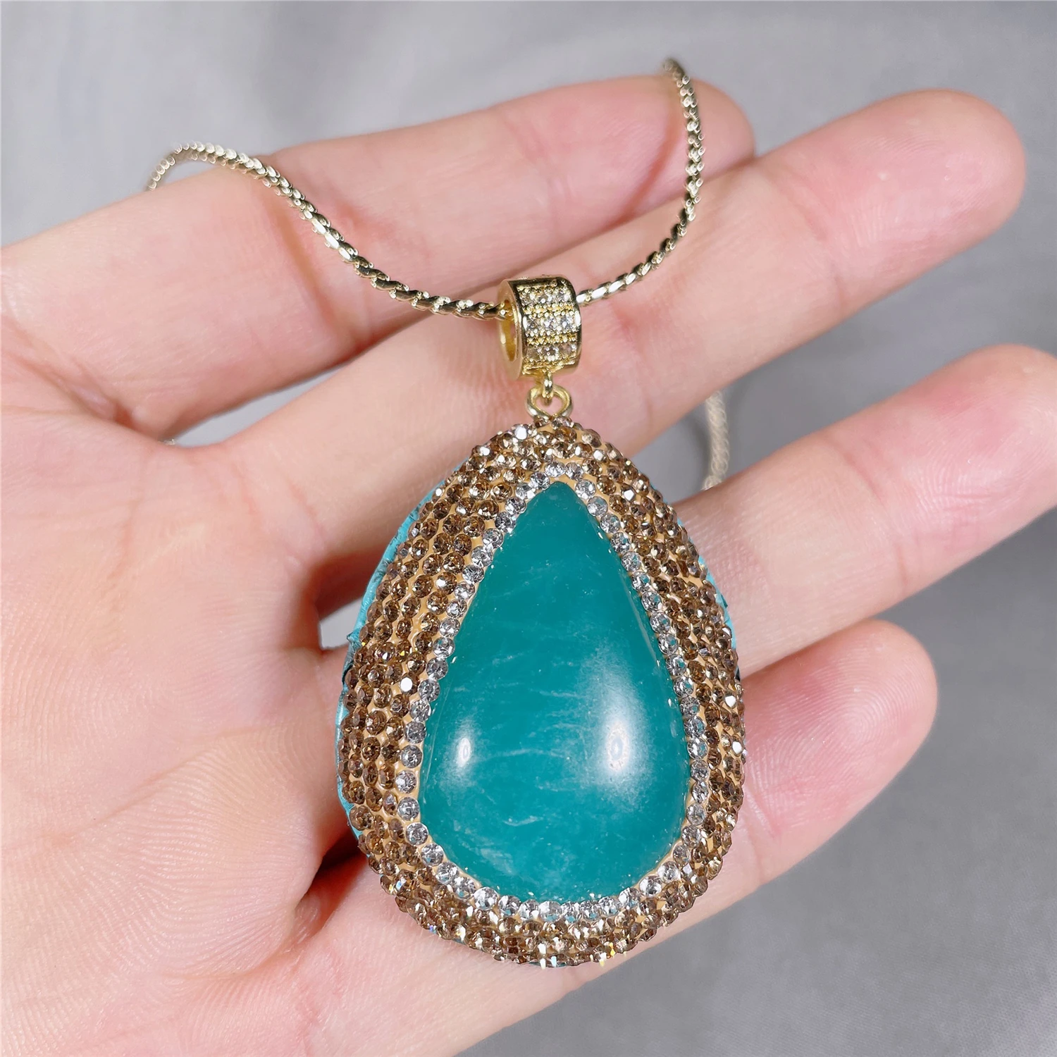 

All broken rhinestones hand inlaid wrapped drop-shaped amazonite pendant sweater chain women's jewelry handicraft