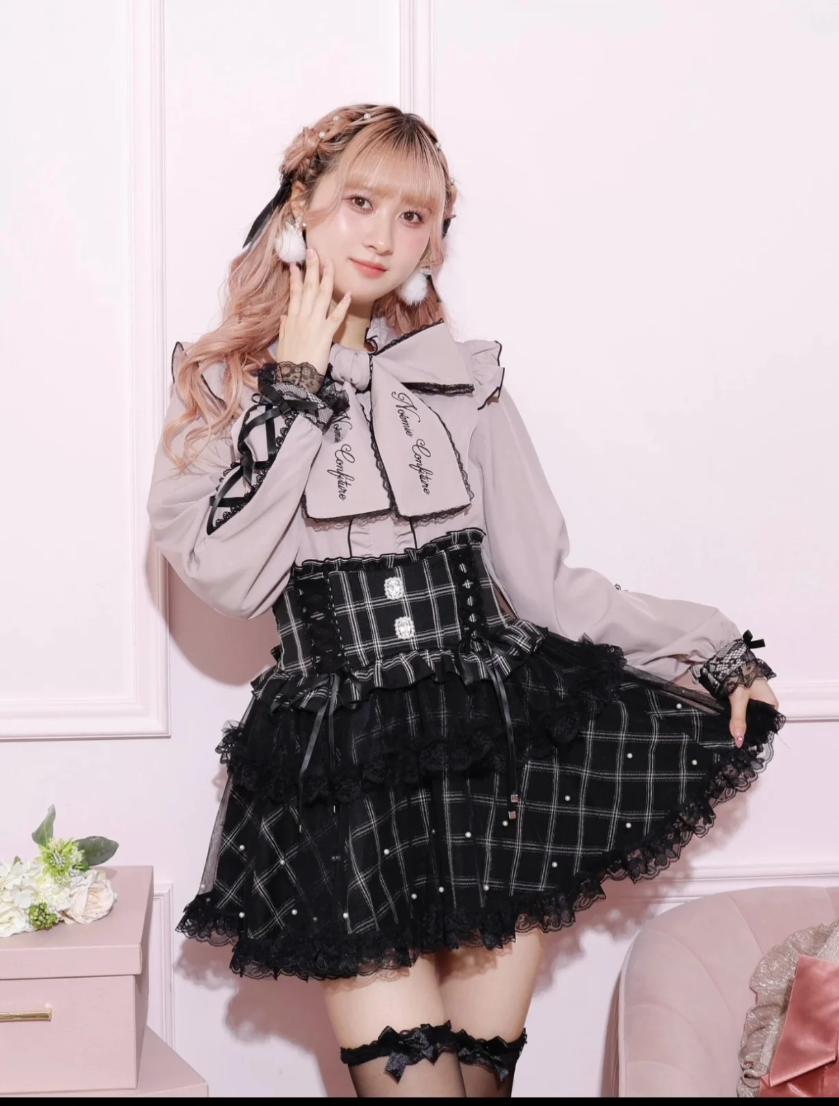 Милая двухслойная юбка-тортик в японском стиле с большим бантом и бисером