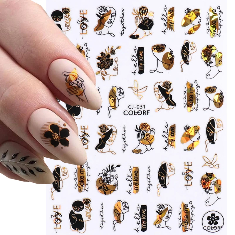 Наклейки для ногтей 3D "Newest Slider Laser Gold Leaves Black Flower Abstract Woman Face Line Art Accessories".