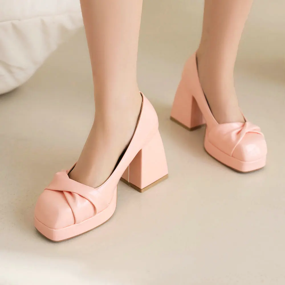 Women's Twist Knot Platform Chunky High Heels Fashion Elegant Lolita Square Toe Slip On Pumps Versatile Dress Shoes White Pink