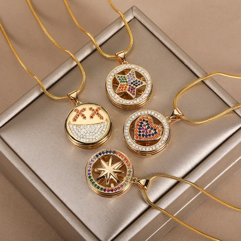 

Colorful Zircon Rotating Smiling Face Necklaces For Women Rainbow Heart Rotatable Clavicle Chain Fashion Jewelry Round Choker