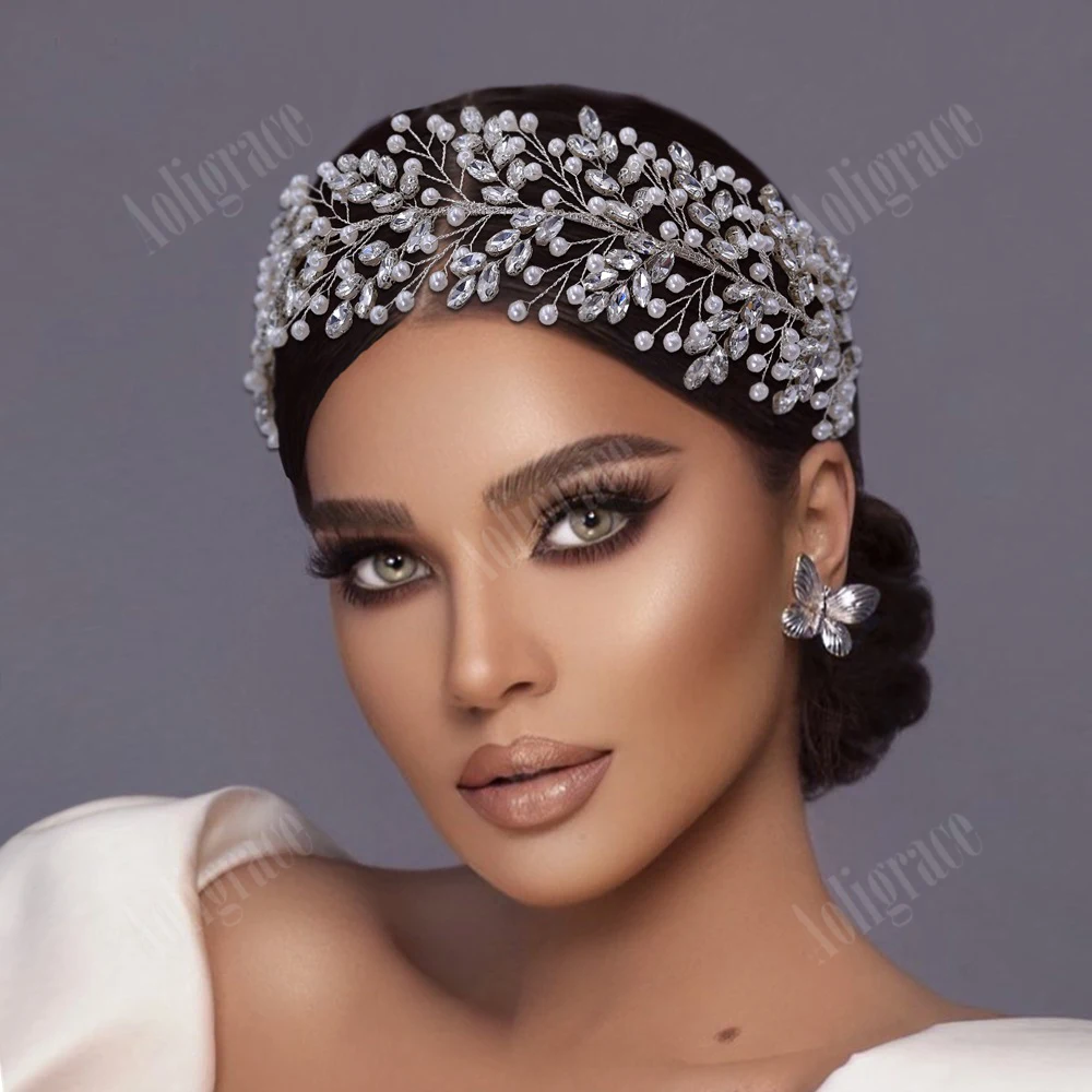 

New Leaf Pearls Bridal Headband Crystal Wedding Soft Headpieces for Women Long Bride Hair Vine Wedding Jewelry Hair Accessories