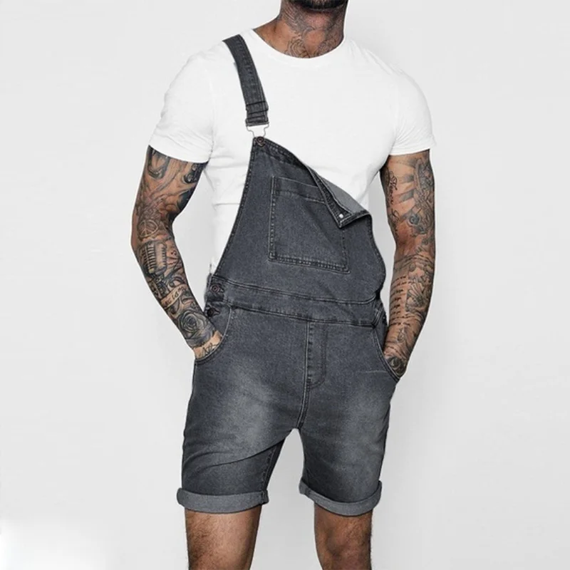 Men's Overalls Fashionable Denim Jumpsuit Bib Straps Short Jeans Men Fashion Streetwear Solid Color Straight Shorts