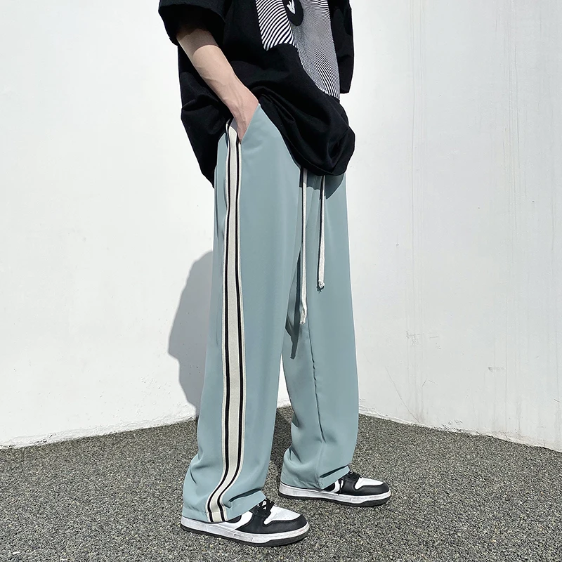 

Korean Stripe Patchwork Pants Men's 2022 Summer Fashion Casual Sweatpants Men Streetwear Loose Drawstring Male Straight Pants
