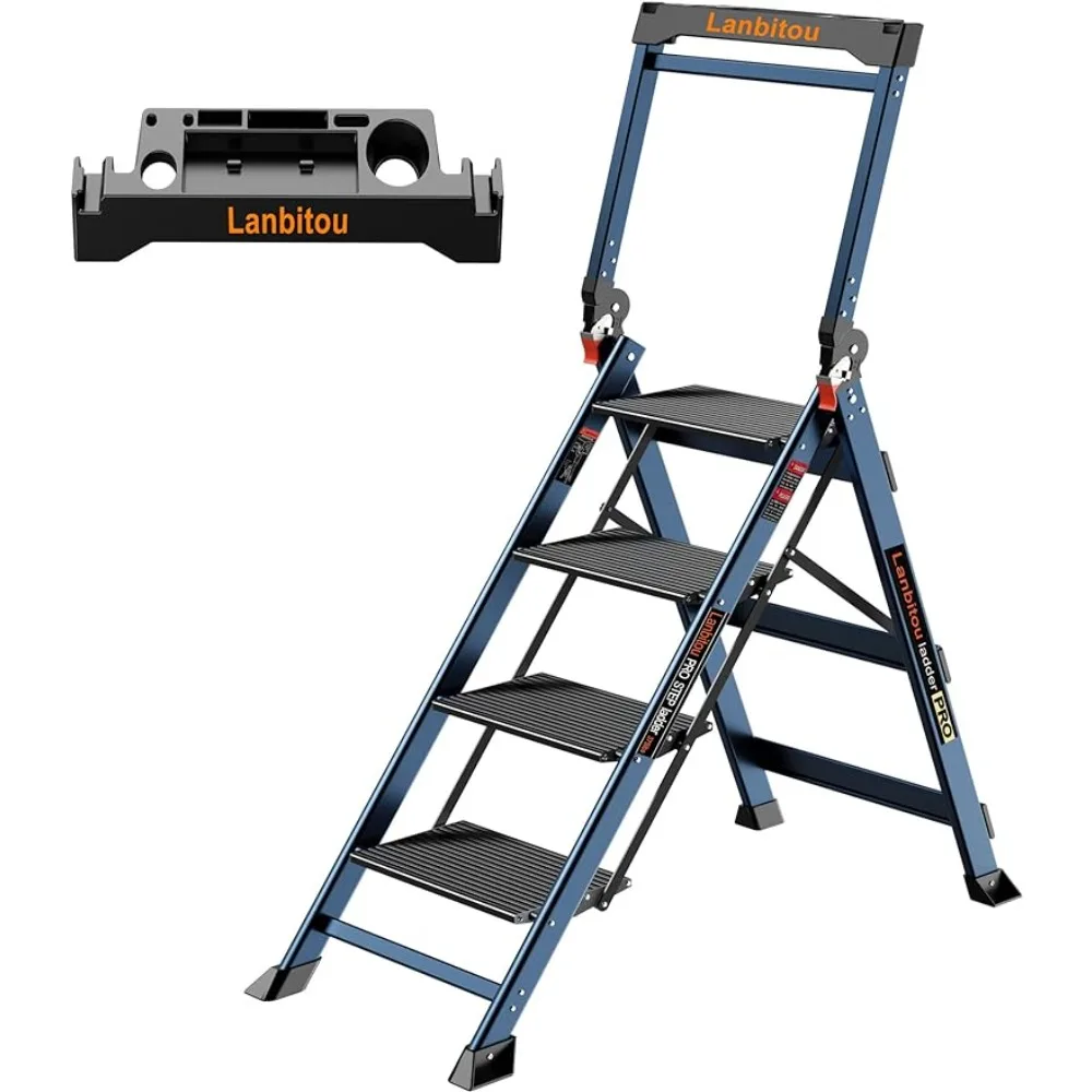 LANBITOU Ladder 4 Step Folding Step Stool Handrails, Heavy Duty Ladder,Double Anti-Slip Aluminum Step, 20lbs Lightwight Portable