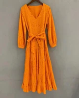 high quality new long dress 2022 autumn clothes women v neck allover exquisite embroidery belted long sleeve maxi dress orange