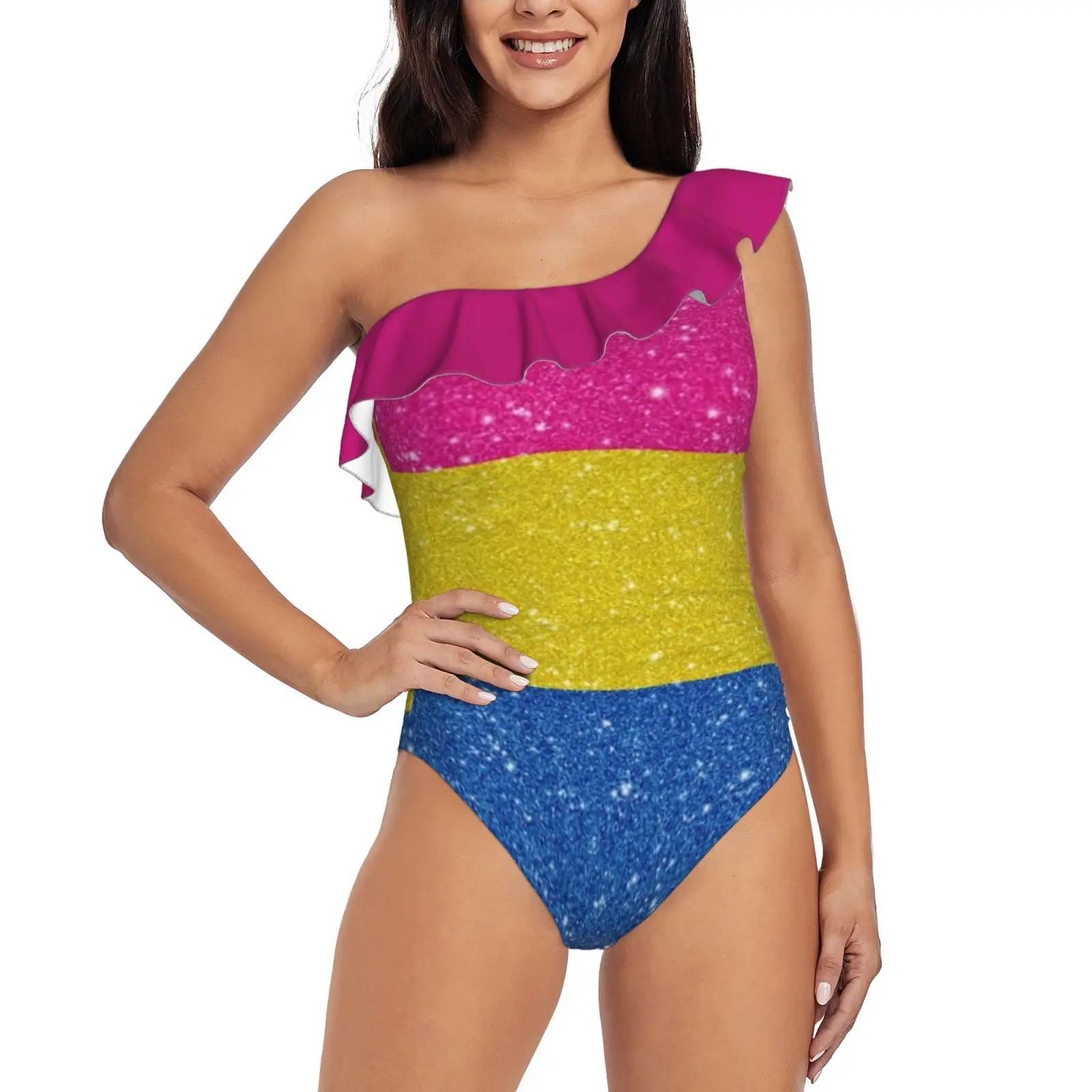 

Искусственный Блестящий женский слитный купальник на одно плечо