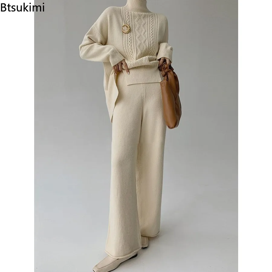 

2023 Women's Knitted Turtleneck Sweater and Pant Sets 2PCS Solid Casual Warm Tracksuit Wide Leg Pants Female Autumn Winter Sets