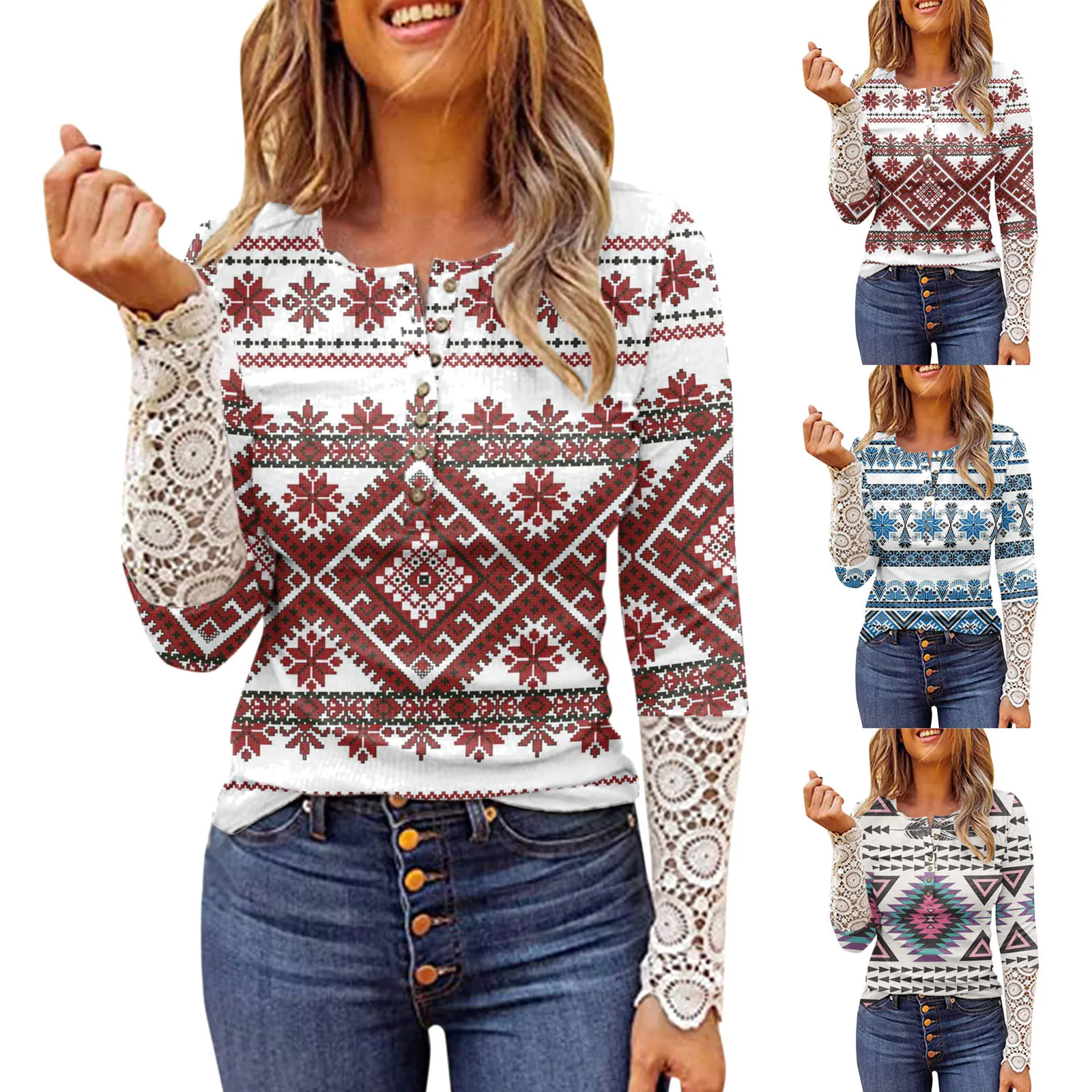 

Рубашка женская из полиэстера и хлопка, Модный облегающий Топ с длинным рукавом, кружевная компрессионная с круглым вырезом, на пуговицах, с...