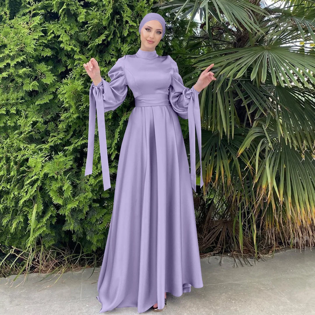 Muslim Fashion Women Long Islamic Satin Dress Hijab Arabic  Abaya Dubai Balloon Sleeve With Ribbon Eid Mubarak Turkish Dresses