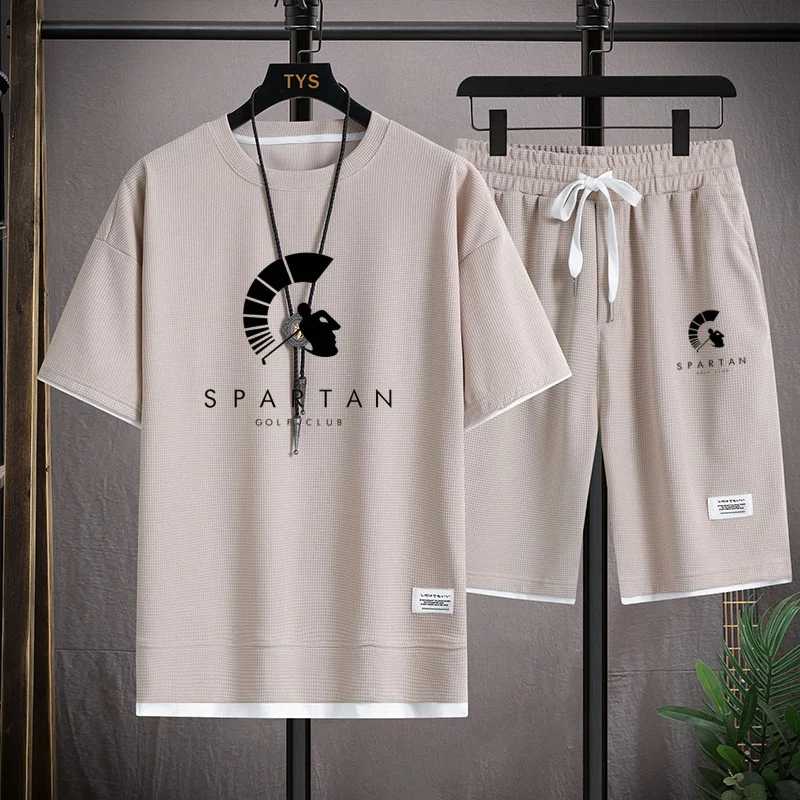 Spartangolfclub Summer Men's 2-Piece Top +Shorts Sportswear Fashion Printing Loose Harajuku Style Street Apparel Casual Golf Set