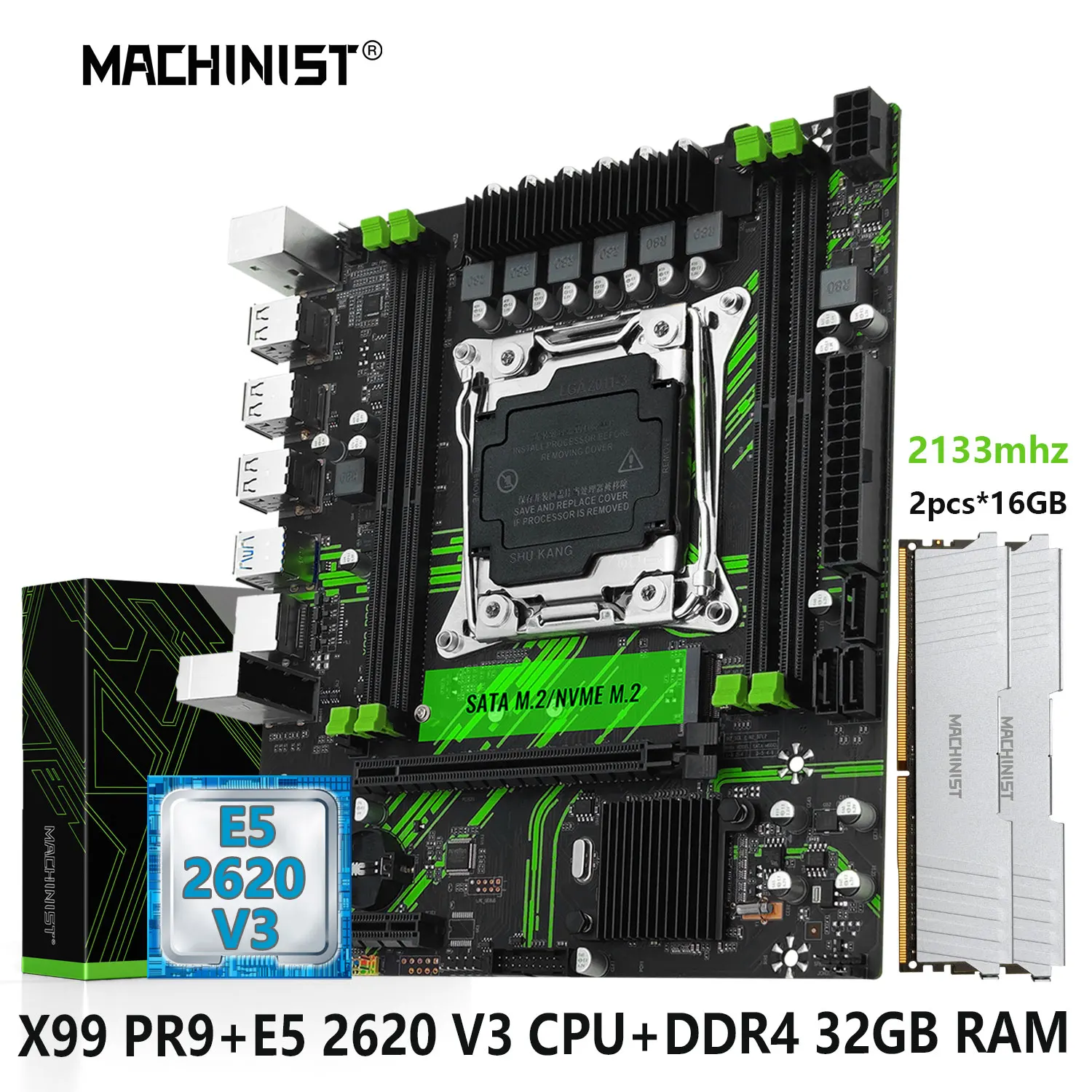 

MACHINIST PR9 Kit X99 Motherboard Set Xeon LGA 2011-3 E5 2620 V3 CPU Processor + ECC DDR4 2*16GB RAM Memory M-ATX SSD NVME M.2