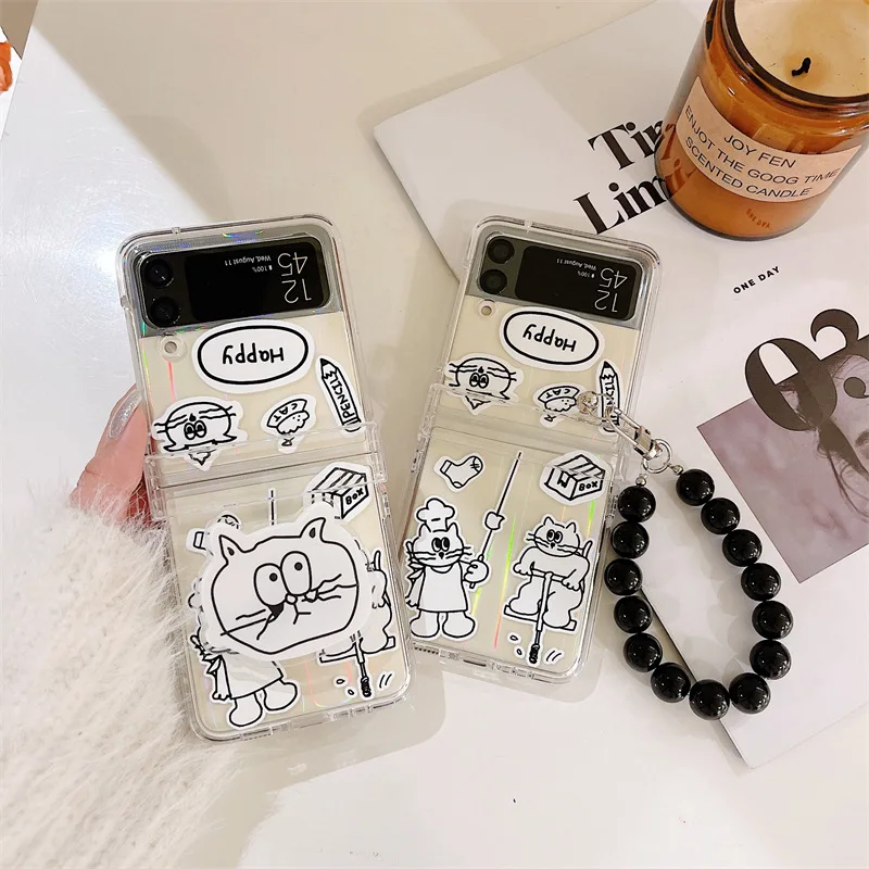 

Cute Graffiti White Cat Phone Stand Case for Samsung Galaxy Z Flip 3 5G Hard PC Back Cover for ZFlip3 Case Protective Shell