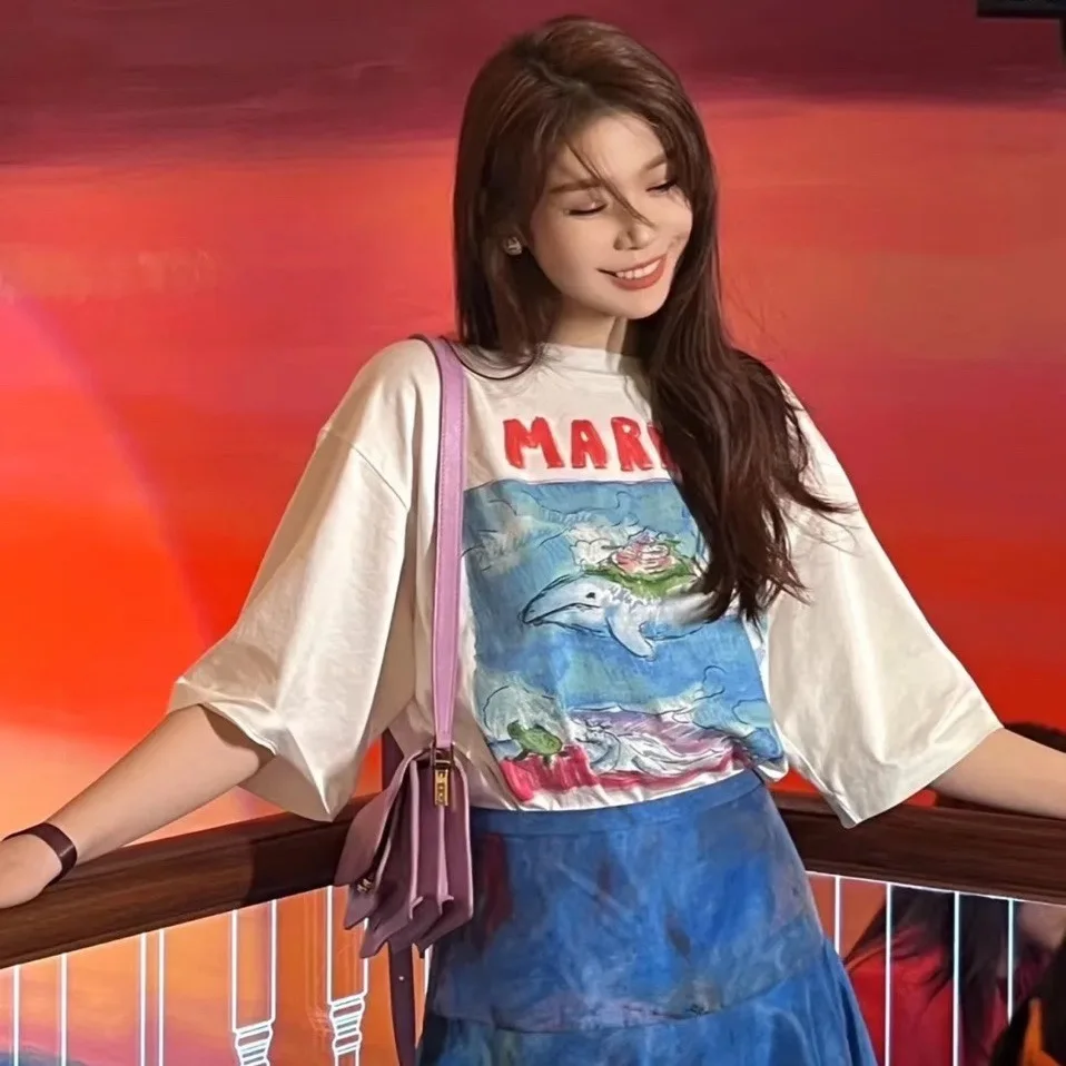 

23SS футболка marni с буквенным принтом, толстая художественная городская Повседневная футболка с коротким рукавом, высококачественный Топ