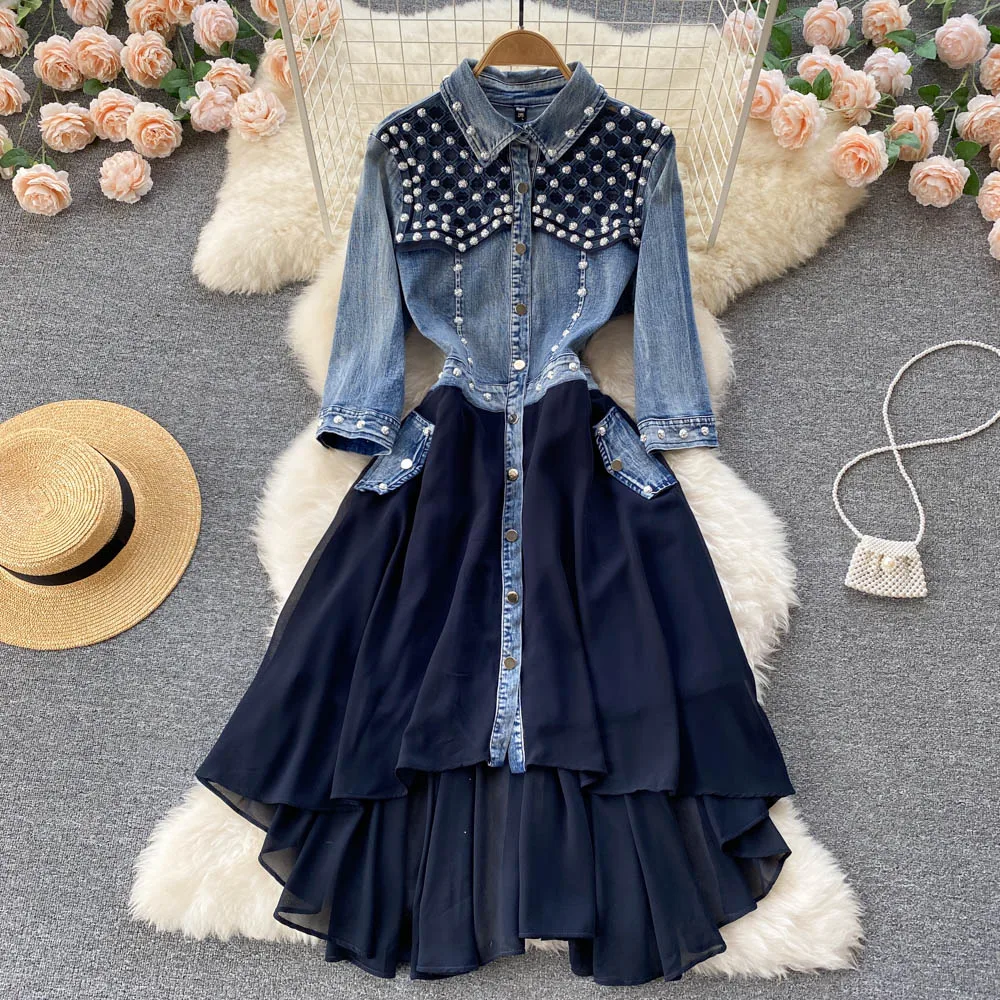 Dresses For Women 2022 Spring New Design Niche A-Line Single-Breasted Cowgirl Dress Dovetail Beaded Stitching Denim Dress Woman