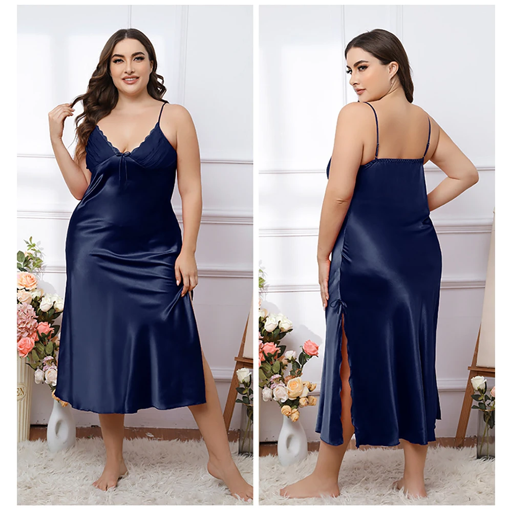 Sexy Spaghetti Strap Lace Sleepwear Summer Cool Faux Silk Thin Nightwears for Ladies Satin Nightgowns Casual Nightie Night Dress