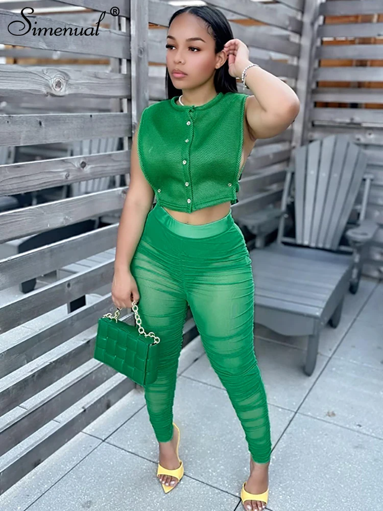 

Simenual Solid Set Woman 2 Pieces Sexy Sleeveless Split Buttons Up Stand Collar Top Sheer Mesh Slim Leggings Co ord Set Ladies